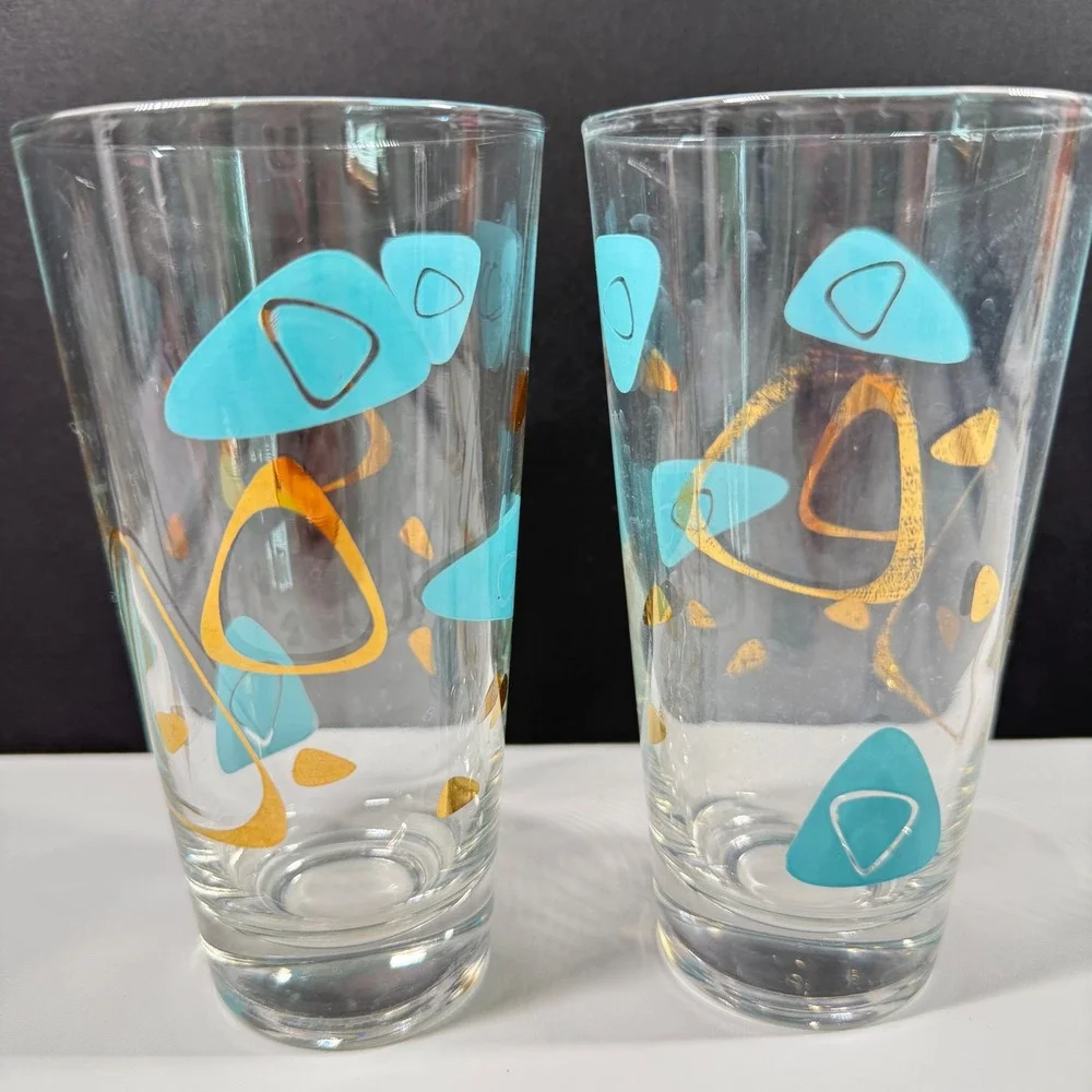 Vintage Mid Century Modern Atomic Boomerang Highball Glasses Teal Gold Set of 2